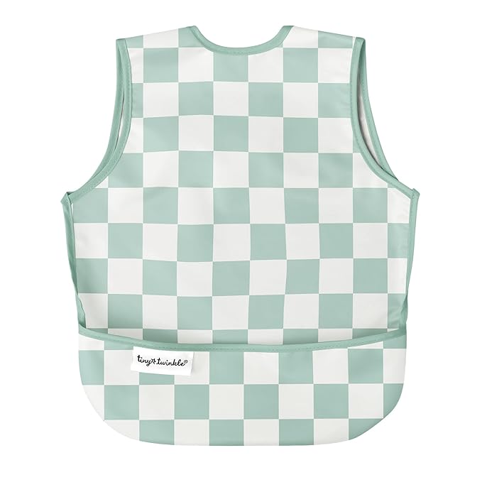 Tiny Twinkle Mess Proof Baby Bib - Waterproof & Lightweight Baby-Led Weaning Apron | 100% Recycled Polyester, Easy Clean & Machine Washable (Green Checkers, Small 6-24 Months)