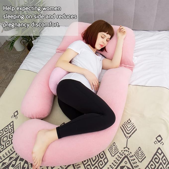 AS AWESLING 60in Full Body Pillow | Nursing, Maternity and Pregnancy Pillow | Extra Large U Shape Pillows with Detachable Side, Separate Support Pillow and Removable Cover Velvet (Light Pink)