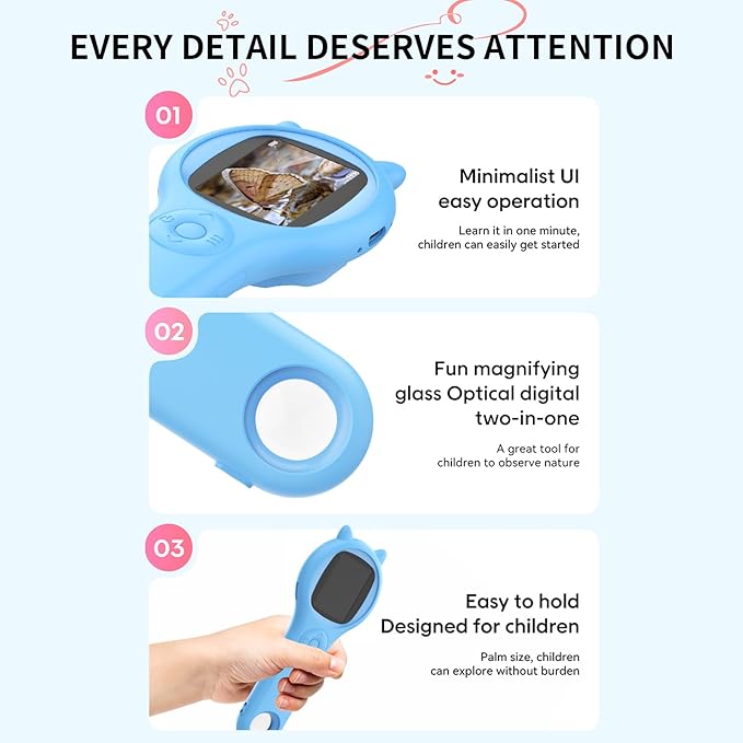 Kids Magnifying Glass Educational Science Kit - Mini LED Pocket Microscope for Kids(3-10 Years) - Durable Design - Ideal Gift for Girls (Blue)