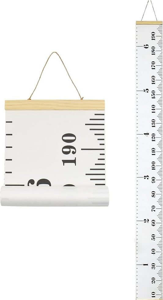 Kids Growth Chart, Wood Frame Fabric Canvas Height Measurement Ruler from Baby to Adult for Child's Room Decoration 7.9 x 79in (7.9 x 79in, White & Black)
