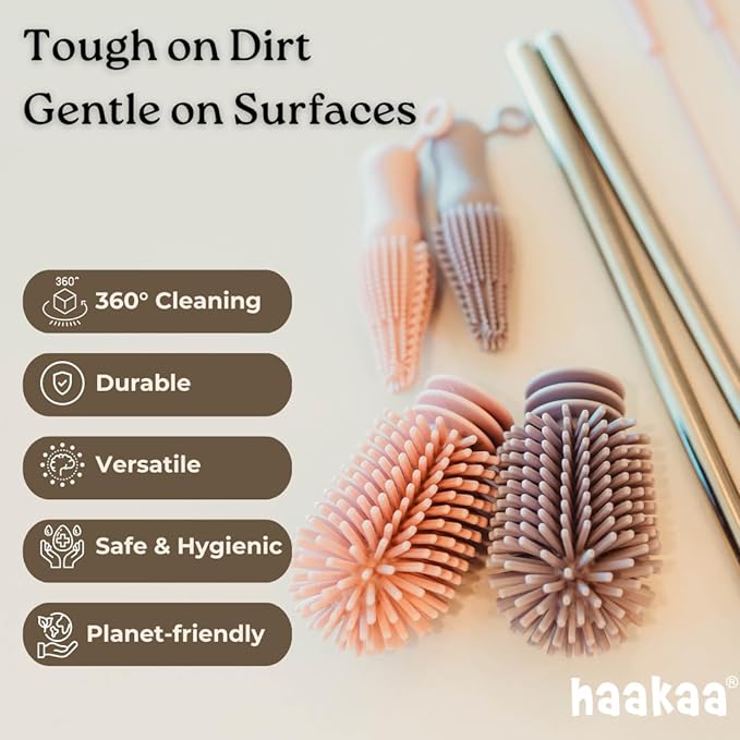 Haakaa Silicone Cleaning Brush Kit – Household Cleaning Brushes for Bottles and Crevices – Food-Grade Silicone: Dishwasher Safe (Brush-Grey)