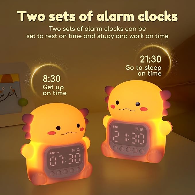Axolotl Alarm Clock with Night Light for Kids, 7 RGB Color Cute Alarm Clocks for Bedrooms Ok to Wake Clocks, Silicone Animal Tabletop Lamp for Teen Girls Boys