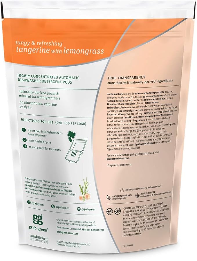 Grab Green Automatic Dishwashing Detergent Pods, 24 Count, Tangerine Lemongrass Scent, Plant and Mineral Based, Superior Cleaning, Powerful Grease Removal, Brilliant Shine