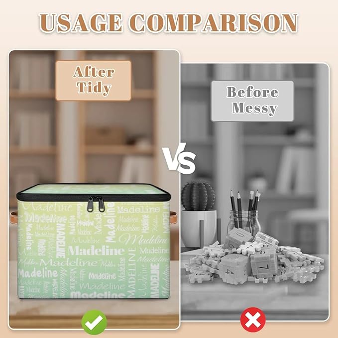 Custom Storage Basket with Name, Personalized Storage Bins with Zipper Lid, Foldable Fabric Storage Box Large capacity with Handle Yellow Green