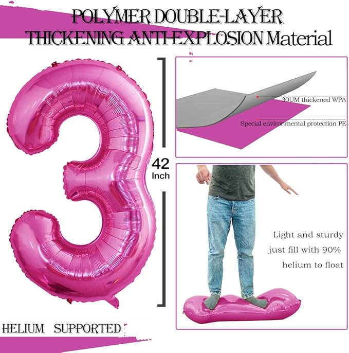 GOER Pink Foil Balloons Number 3,Huge Number Balloons for 3rd 33rd Birthday Party Supplies Anniversary Decorations(3 pcs,42 inch,32 inc,16inch)