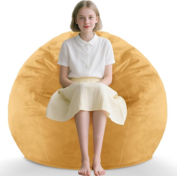 2FT Bean Bag Chair, Comfy Bean Bag Chairs with Memory Foam Filled, Fluffy Beanbag Sofa with Dutch Velvet Cover, Teardrop BeanBag Chairs for Living Room, Playroom - Mustard