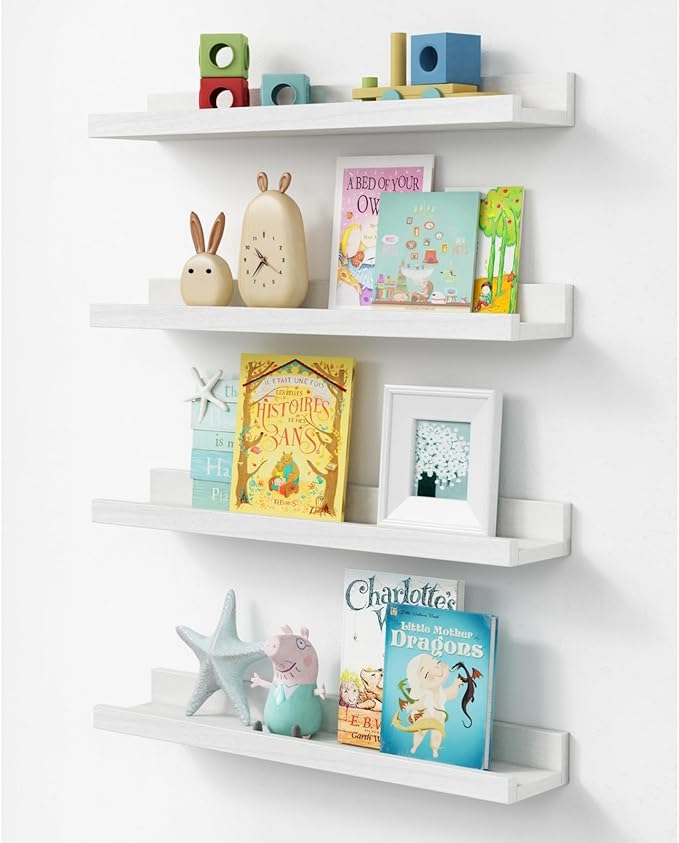 Forbena 24 Inch White Floating Shelves for Wall Set of 4, Wood Nursery Book Shelves for Kids Bedroom, Long Picture Ledge Shelf with Lip for Living Room Bathroom Office and Baby Wall Bookshelf