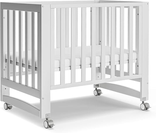 EvoNest Baby Crib, 6 in 1 Convertible Mini Crib with Wheels, 100% New Zealand Solid Wood Growing Bed, 4 Adjustable Mattress Height，White