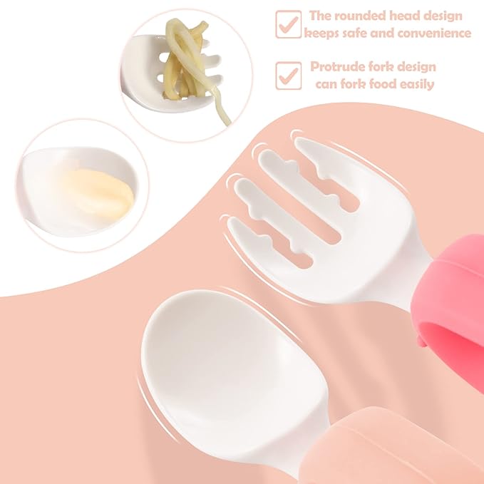 Baby Self Feeding Training Spoon and Fork Set with Travel Case, BPA-Free Cute Circle Toddler Training Utensils, Silicone/ABS Great Tableware Set Spoons Fork for Kids (Pink& Light Pink)