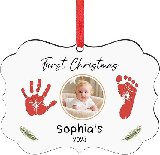 Baby Hand and Footprint Ornament - Baby Frist Christmas Ornament 2025 with Custom Photo, Name, Date - Personalized Baby Gifts, Newborn Keepsake, New Mom Gifts