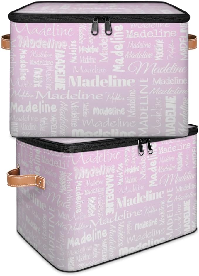 Custom Storage Basket with Name, Personalized Storage Bins with Zipper Lid, Foldable Fabric Storage Box Large capacity with Handle Grey Pink Gradient