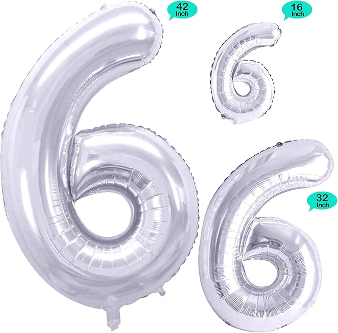 GOER Silver Foil Balloons Number 6,Huge Number Balloons for 6th Birthday Party Supplies Anniversary Decorations(3 pcs,42 inch,32 inc,16inch)