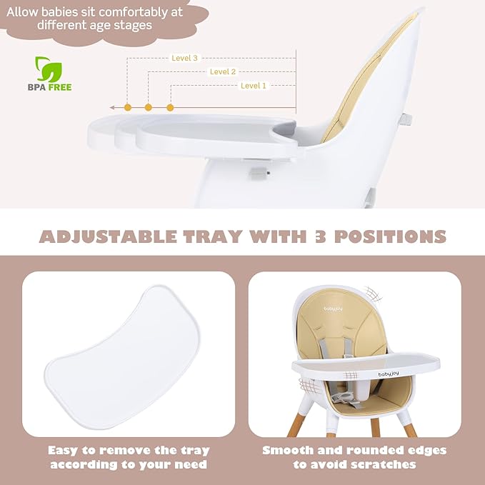 BABY JOY Convertible Baby High Chair, 3 in 1 Wooden Highchair/Booster/Chair with Removable Tray, Adjustable Legs, 5-Point Harness, PU Cushion and Footrest for Baby, Infants, Toddlers (Beige)