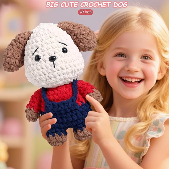 Crochet Animal Kit – 10in Adorable DOG, Amigurumi Crochet Kit For Intermediate Advanced Level, Kids Knitting Kit With Detailed Videos Tutorials, Yarn, Crochet Hook, Best Gift For Crochet Lovers(DOG)