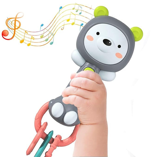 Baby Music Rattle, Teething Toys for Infants 6-12-18 Months Toddlers, Light-Up & Chew Sensory Toys for Baby Boy Girl Gifts (Grizzlies)