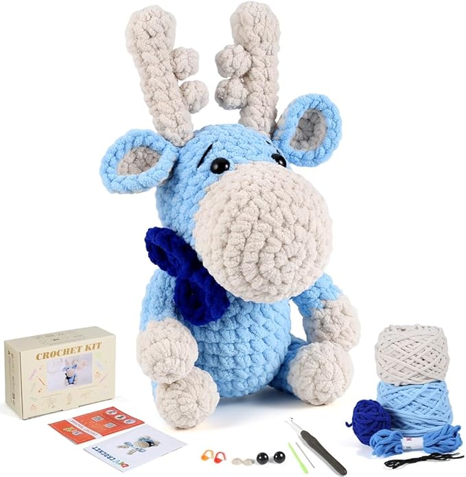Crochet Animal Kit – 10in Adorable MOOSE, Amigurumi Crochet Kit For Intermediate Advanced level, Kids Knitting Kit with Detailed Videos Tutorials, Yarn, Crochet Hook, Best Gift For Crochet Lovers