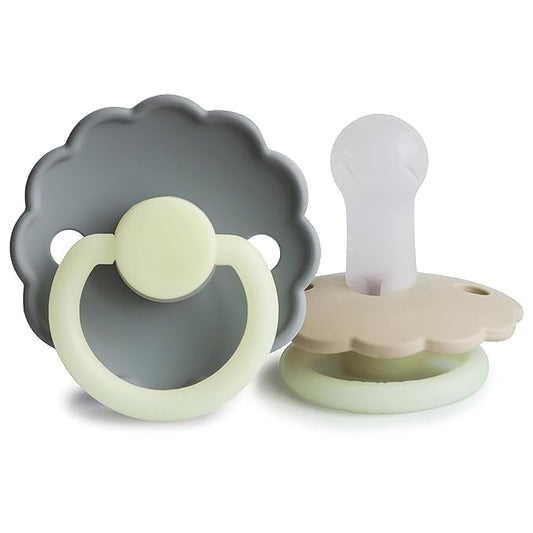 FRIGG Daisy Night SilkySoft Silicone Baby Pacifier | Made in Denmark | BPA-Free (French Gray/Croissant, 6-18 Months)