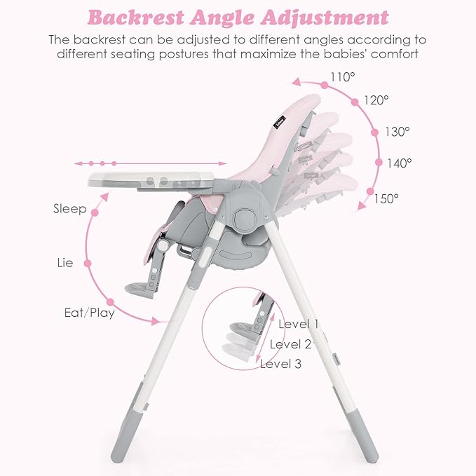 INFANS High Chair for Babies & Toddlers, Foldable Highchair with Multiple Adjustable Backrest, Footrest and Seat Height, Removable Tray, Detachable PU Leather Cushion, Built-in Rear Wheels (Pink)