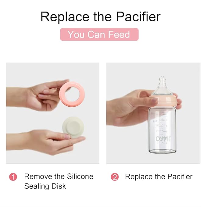 COMI Wide Neck Glass Breastmilk Collection n Storage Bottle, 6oz with Screw Ring Sealing Disk; Re-markable Sealing Disc. BPA Free, Fits Breast Pumps & Nipples (Pink Lids)