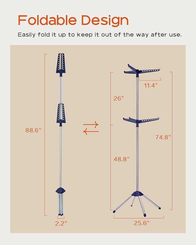 Clothes Drying Rack Foldable, 74.8 inch 2 Tier Laundry Drying Rack with Rotating Clothes Rail for 54 Pieces of Clothes, Space Saving, Indoor, Stainless Steel, Blue and Silver CDR002Q01