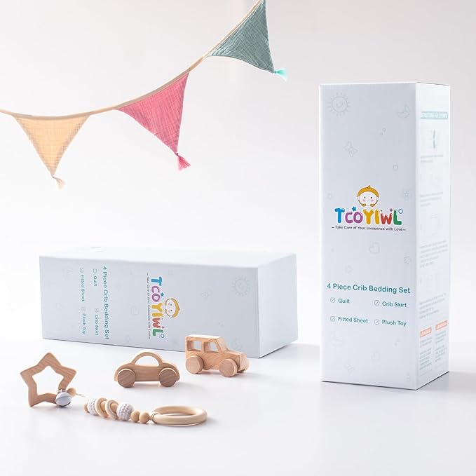 4 Piece Crib Bedding Set for Boys Girls, Infant Toddler Nursery Baby Bedding Sets Includes Cartoon Quilt, Fitted Crib Sheet, Crib Skirt and Plush Football Toy (MVP)