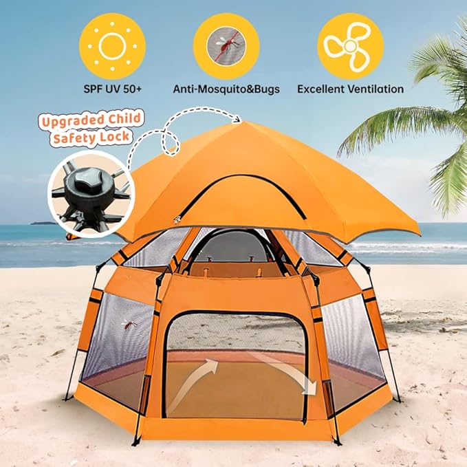 Baby Pop Up Playpen with Canopy, Pop Up Baby Pop Up Tent with Safety Lock, Portable Toddler Play Yard with Travel Bag, 6 Ground Stakes, 6 Sand Stakes