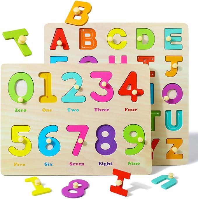 GRINNNIE Toddler Puzzle for 1 2 3 Years Old, Wooden Alphabet Number Peg Puzzles for Preschool Toddlers Age 2-4, Great Learning Puzzle Toy 1st Birthday Gift for Girls Boys