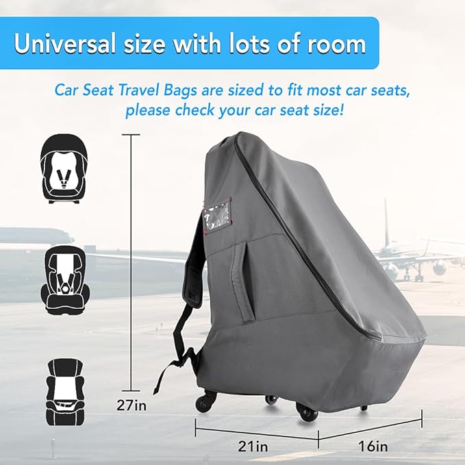 Car Seat Travel Bag with Wheels Heavy Duty Water-resistant Protective Cover for Airplane Travel & Rolling Design, Padded Handle,Padded Adjustable Strap (Grey)