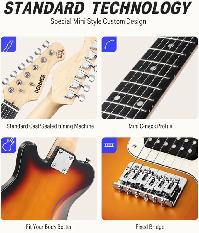 Donner 30 Inch Kids Electric Guitar Beginner Kit TL Style Mini Electric Guitar for Kids with Amp, 600D Bag, Tuner, Picks, Cable, Strap and Extra Strings, DTJ-100S, Sunburst