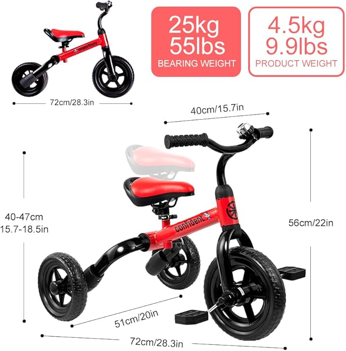 Ancaixin 3 in 1 Toddler Tricycles for 2-5 Years Old Boys and Girls with Detachable Pedal and Bell | Foldable Baby Balance Bike Riding Toys for Kids | Infant Birthday New Year Red