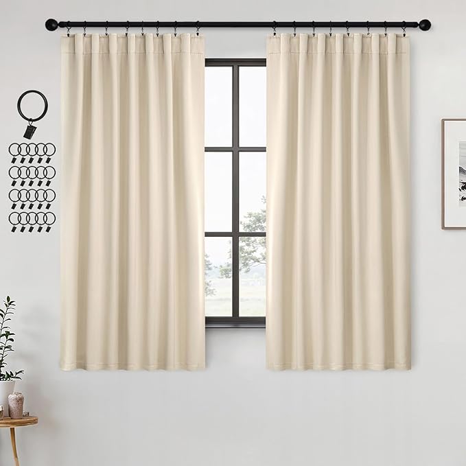 ANRODUO Back Tab Blackout Curtains for Bedroom Living Room, Rod Pocket Pinch Pleated Thermal Insulated Room Darkening Curtains 63 Inches Long 2 Panels, Cream Beige, 42 x 63 Inch