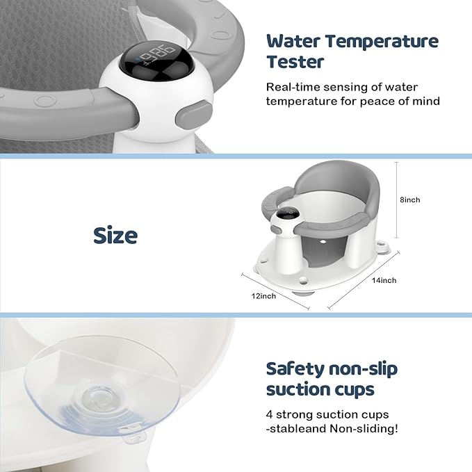 Baby Bath Seat-for Babies 6 Months & up, Water Temperature Display+Soft Cushion, Non-Slip Toddler Bath Seat for Baby, Sit Up Bath Seat for Baby, Grey