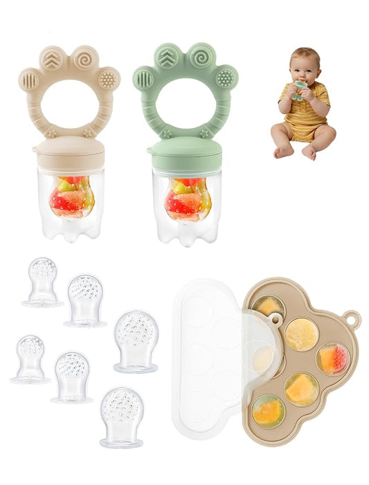 Baby Popsicle Molds & Food Feeder Set, Baby Fruit Feeder for Infant Teething Relief & Safe Infant Self Feeding 4 Months+ Starting Solids for Baby Essentials (Green+Beige)