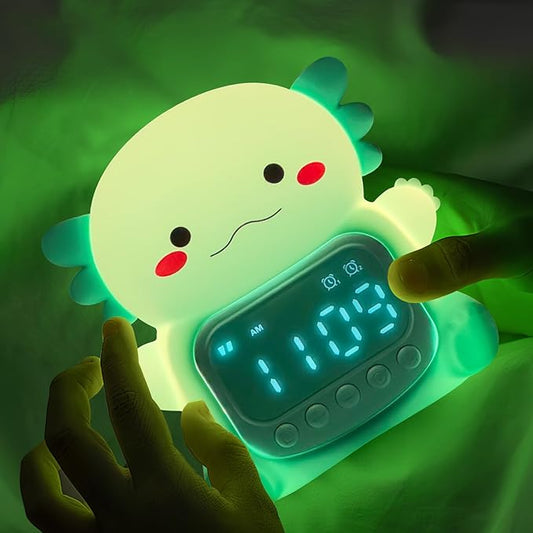 Axolotl Alarm Clock with Night Light for Kids, 7 RGB Color Cute Alarm Clocks for Bedrooms Ok to Wake Clocks, Silicone Animal Tabletop Lamp for Teen Girls Boys, Green
