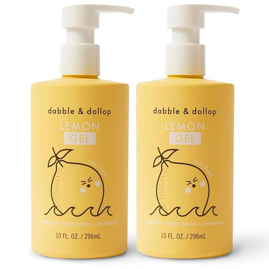 Dabble & Dollop Lemon Body Wash & Shampoo – 3-in-1 Natural Bubble Bath for Kids, Made in USA, No Parabens or Sulfates, Vegan, Gluten-Free, Tear-Free (10oz, Pack of 2)