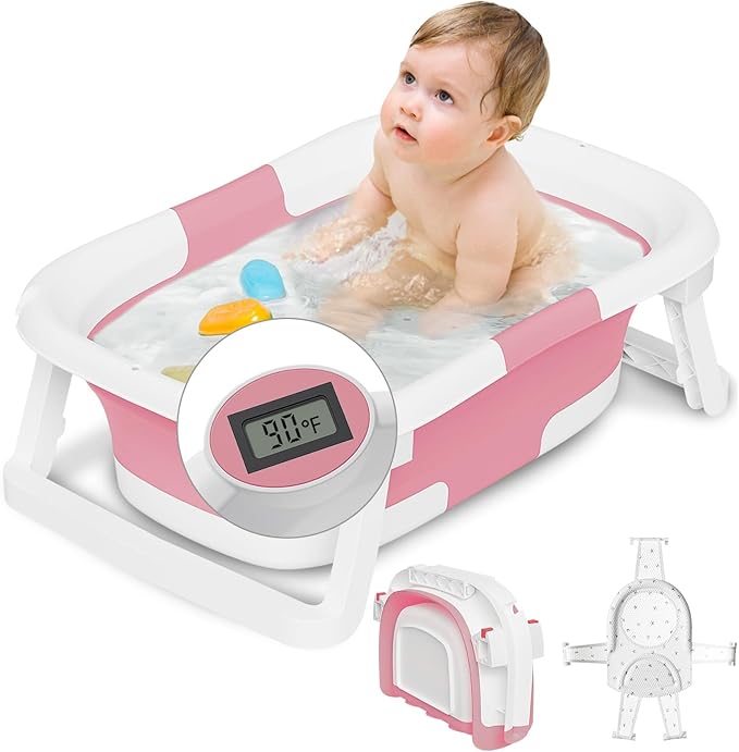 Collapsible Baby Bathtub,Baby Bath Tub with Soft Cushion & Thermometer,Baby Bathtub Newborn to Toddler 0-36 Months,Portable Travel Baby Tub