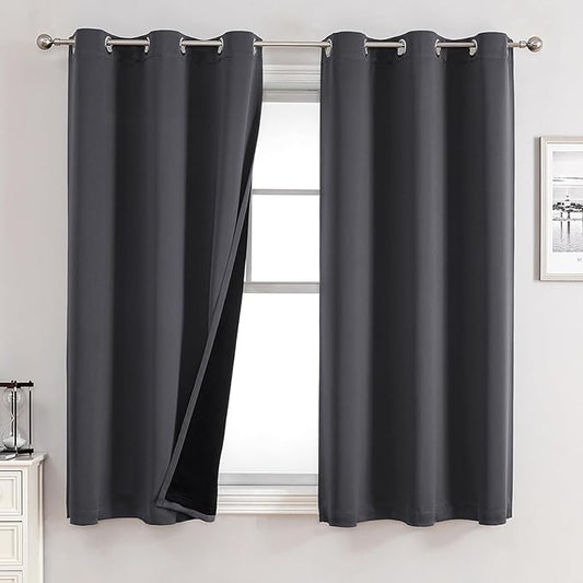 ChrisDowa 100% Blackout Curtains for Bedroom with Black Liner, 2 Thick Layers Total Blackout Thermal Insulated Grommet Window Curtains 63 Inch Length 2 Panels Set (Dark Grey, 42 x 63 Inch)