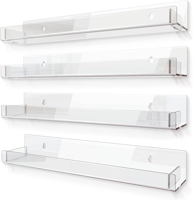 4 Pack 15 Inch Clear Acrylic Shelves, Clear Kids Floating Bookshelf for Kids Room, Modern Nail Polish Rack Sunglasses Essential Oil Picture Ledge Display Toy Storage Wall Shelf