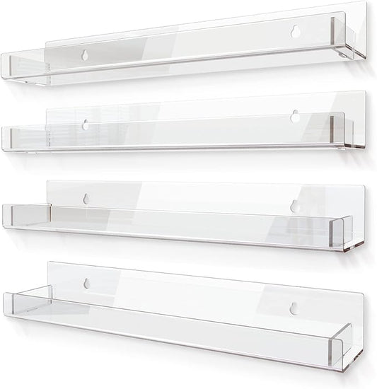 4 Pack 15 Inch Clear Acrylic Shelves, Clear Kids Floating Bookshelf for Kids Room, Modern Nail Polish Rack Sunglasses Essential Oil Picture Ledge Display Toy Storage Wall Shelf