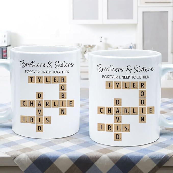 Family Forever Linked Together Custom Names Ceramic Mug, Crossword Puzzle Art, for Birthday, Anniversary or Special Occasions (Brothers & Sisters Forever Linked Together White Mug Ver 2)