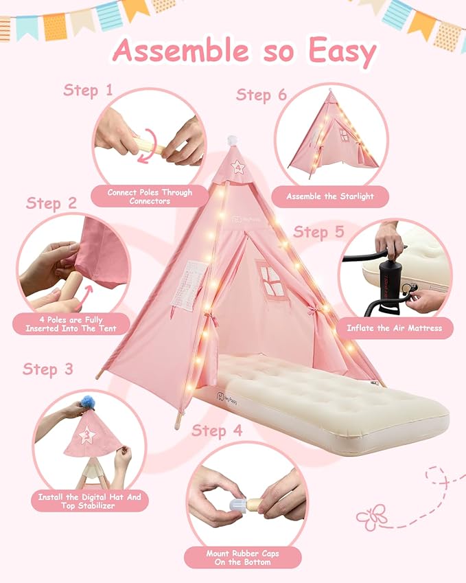 6 Pack Teepee Tent for Kids with Inflatable Airbed, Light, Toddler Tent Children Room Tents, Slumber Party Sleepover Tents, Indoor Outdoor Kids Playtent Playhouse for Girls & Boys