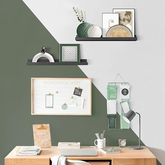 Forbena 24 Inch Long Picture Ledge Shelf Set of 4, Black Wood Floating Shelves for Wall with Lip, Rustic Display Shelves for Living Room Hallway Bedroom Office Photo Frames Bathroom Nail Polish