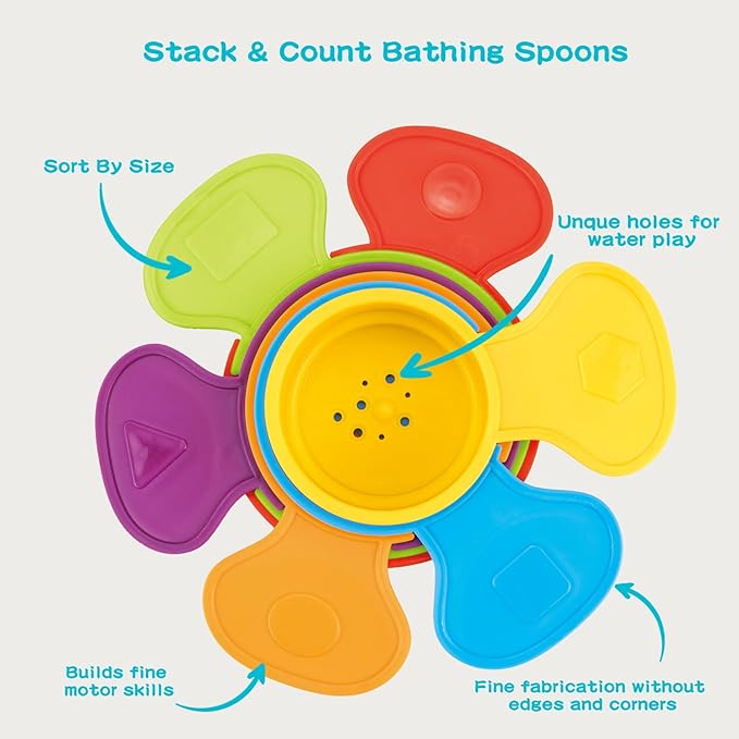 Bath Toys, 14 PCS | Safe & Educational Stacking Cups and Spoons with Numbers | Mold Free & Easy Grip Bath Toys for Baby and Toddler | Bathtub Water Toys with Early Learning Color & Shape Recognition