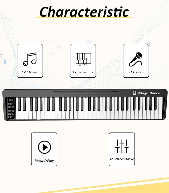 Finger Dance 61 Key Folding Piano Keyboard, Upgrand Imitation Wood Texture Keyboard Portable Piano, Bluetooth & MIDI, Foldable Keyboard Piano for Beginner - Deep Black