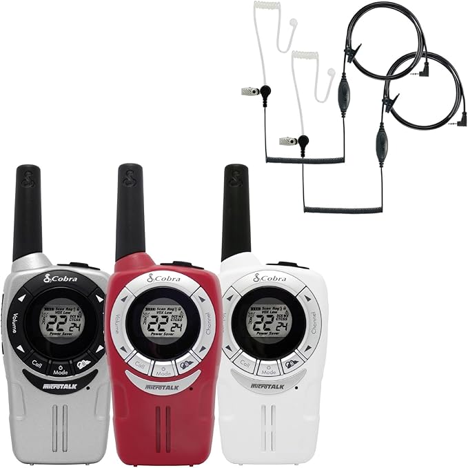 Cobra ACXT360 Water Resistant Walkie Talkies for Adults & Compatible Cobra Surveillance Headset: Rechargeable, 22 Channels, Long-Range, 3 Two-Way Radios, 2 Headsets, White, Silver and Red
