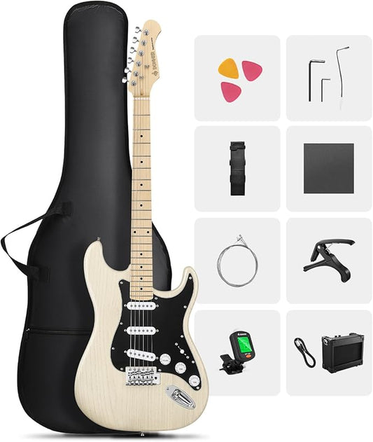 DONNER DST-80 Electric Guitar 39” Beginner Electric Guitar Kit with Amp, Classic SSS Pickup Complete with Gig Bag, Tuner, Capo, Strap, Picks, and Free Online Lessons, Bone White