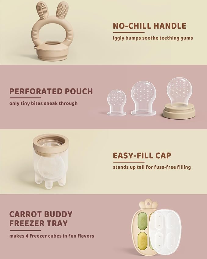 2 Packs Baby Fruit Feeder & Freezer Nibble Tray Combo, Push Pop Baby Food Feeder to Safely Introduce New Foods, Fresh & Frozen Food Silicone Feeder, 100% Food Grade, BPA Free (Caramel & Pink)