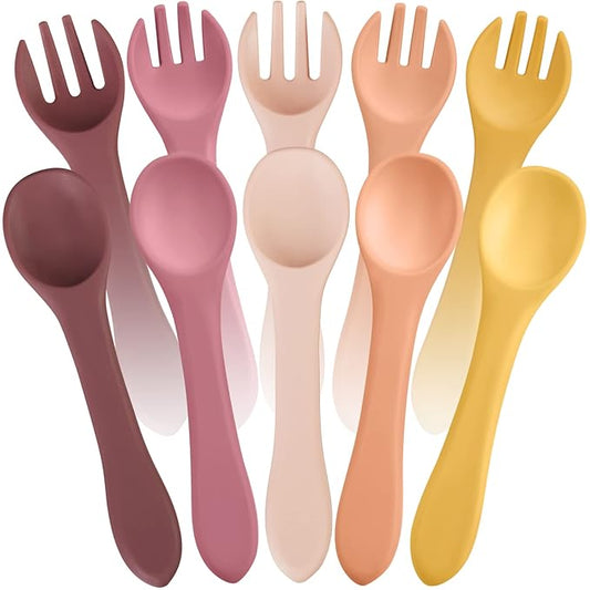 10 Pieces Baby Led Weaning Spoons and Forks Set Infant Silicone Spoon First Self Feed Baby training Utensils for Toddler First Stage Feeding Supplies for Kids Over 6 Months, 5 Pairs (Bright Colors)