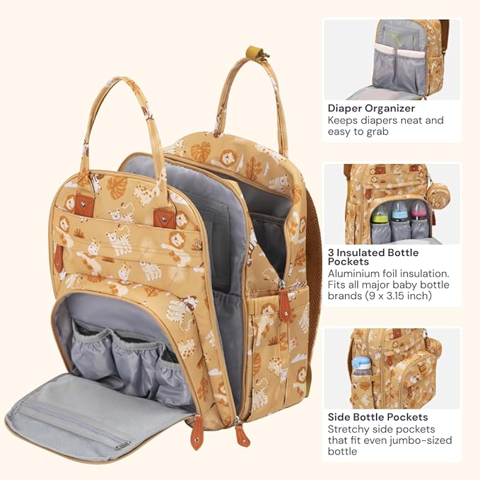 BabbleRoo Diaper Bag Backpack - Baby Essentials Travel Tote - Multi Function Water Resistant Diaper Bag, Travel Essentials Baby Bag with Changing Pad, Stroller Straps & Pacifier Case - Unisex, Safari