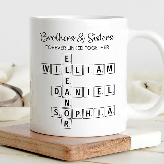 Family Forever Linked Together Custom Names Ceramic Mug, Crossword Puzzle Art, for Birthday, Anniversary or Special Occasions (Brothers & Sisters Forever Linked Together White Mug Ver 1)
